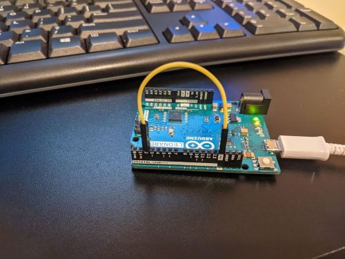Arduino Leonardo board wired with an on off switch.